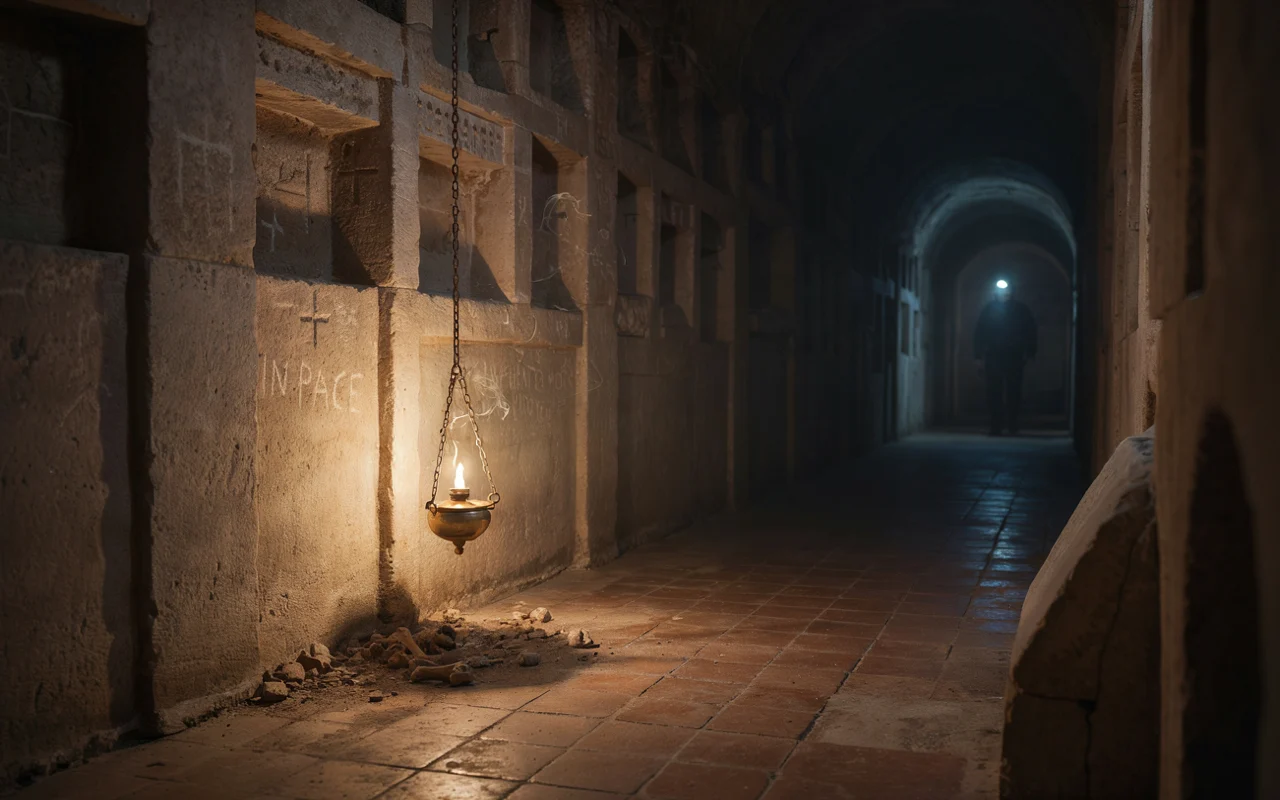 Image montrant un couloir ancien et dallé ressemblant à une crypte, éclairé par une lampe suspendue.