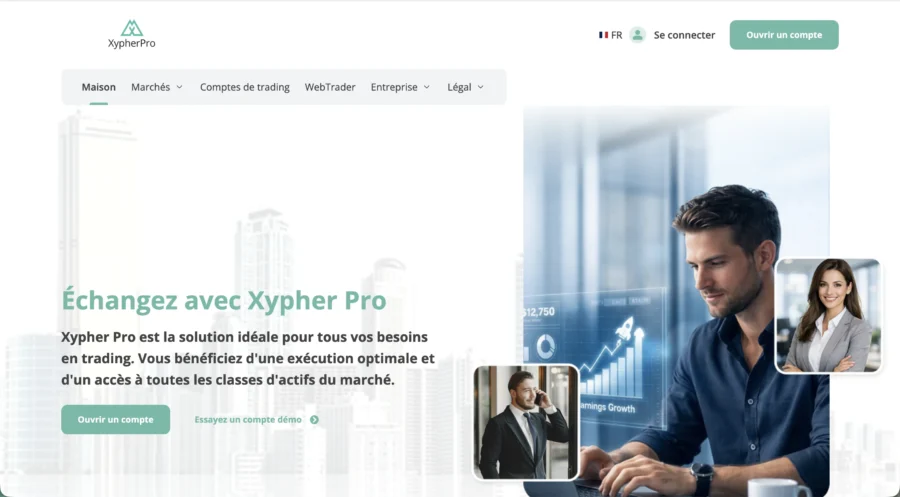 Page web montrant un homme travaillant sur un ordinateur avec le texte Echangez avec Xypher Pro