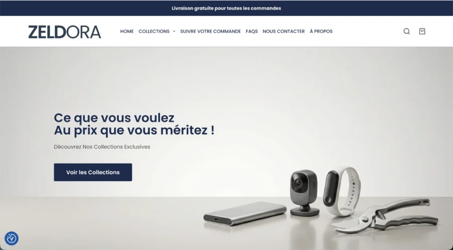 Capture d'écran du site ZelDora affichant le slogan marketing Ce que vous voulez au prix que vous méritez et des produits informatiques.