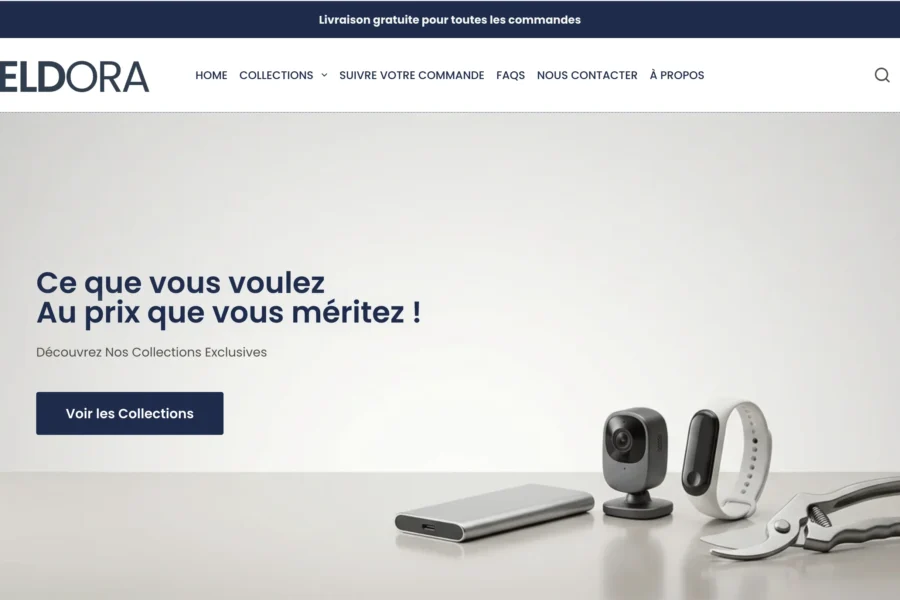 Capture d'écran du site ZelDora affichant le slogan marketing Ce que vous voulez au prix que vous méritez et des produits informatiques.
