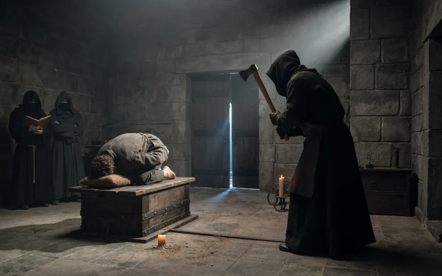 A group of robed figures stands in a dark chamber, illuminated by a bright vertical light emanating from a closed stone door.