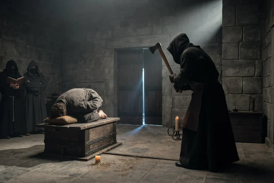 A group of robed figures stands in a dark chamber, illuminated by a bright vertical light emanating from a closed stone door.