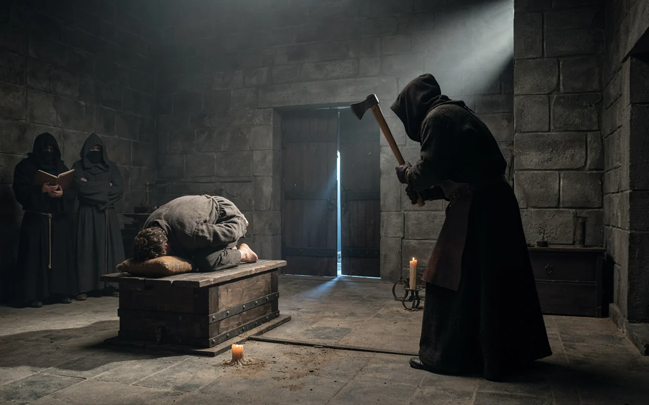 A group of robed figures stands in a dark chamber, illuminated by a bright vertical light emanating from a closed stone door.