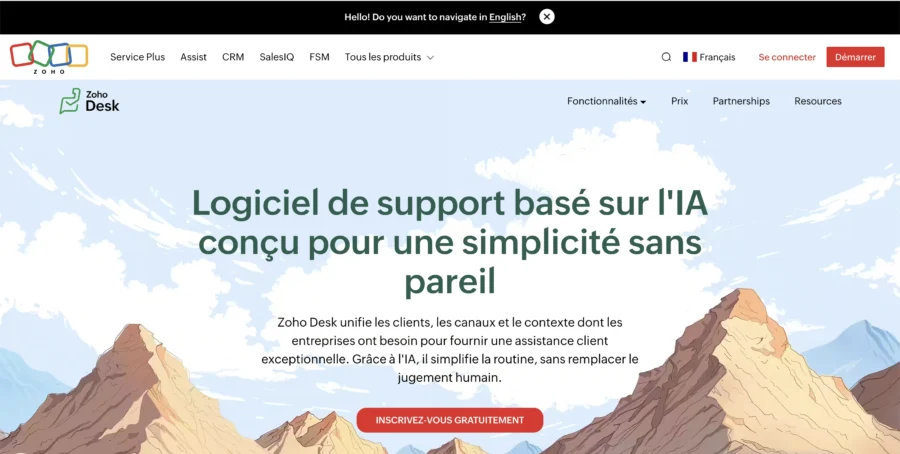 Capture d'écran de la page d'accueil de Zoho Desk vantant son logiciel de support IA.