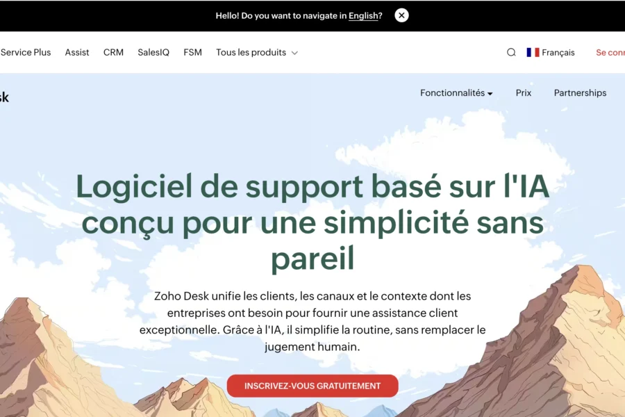 Capture d'écran de la page d'accueil de Zoho Desk vantant son logiciel de support IA.