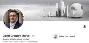 Capture d'un profil LinkedIn montrant David Gregory Marvel, directeur chez Willow Luxe Limited au Royaume-Uni.