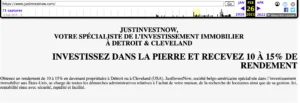 Affichage d'une page web de la société JustinInvestNow proposant des placements immobiliers à Detroit avec des rendement de 10 à 15 %.