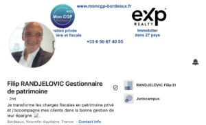 Profil professionnel de Filip Randjelovic, gestionnaire de patrimoine, avec les logos de Mon CGP Bordeaux et eXp Realty.
