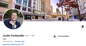 Portrait de Justin Fontenelle, directeur général de JustInvestNow, sur un profil professionnel numérique.