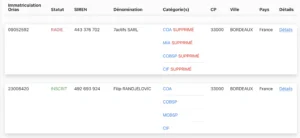 Extrait de registre des immatriculations montrant des SIREN de sociétés situées à Bordeaux.