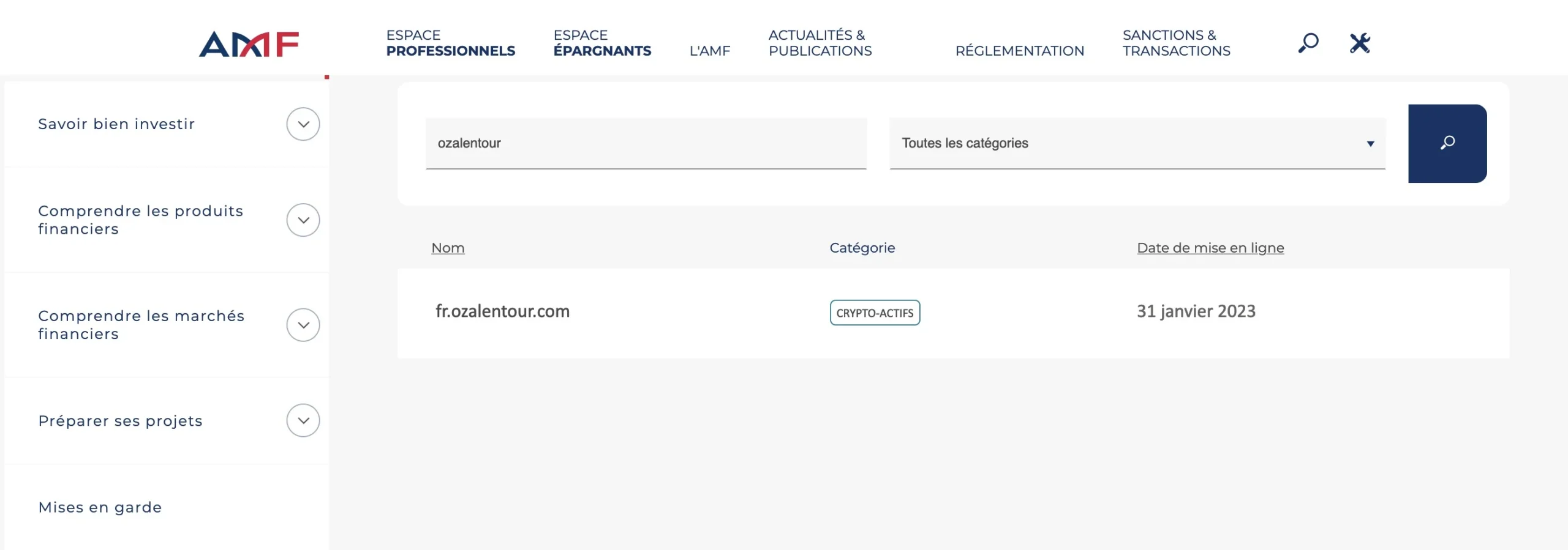 Capture d'une interface de recherche de l'AMF displayant une plateforme non autorisée.