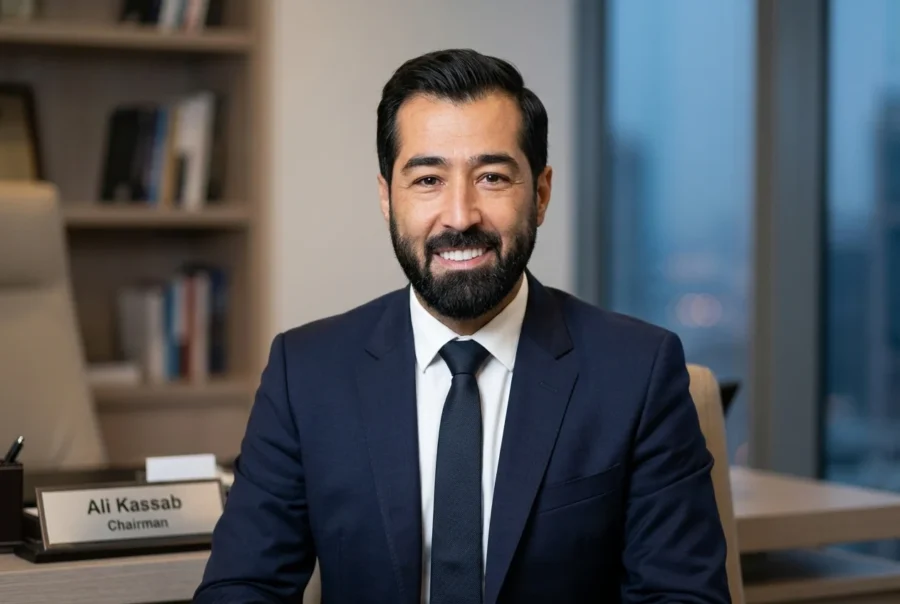 Portrait d'Ali Kassab,身穿深色西装,佩戴名牌,背景为书籍书架。