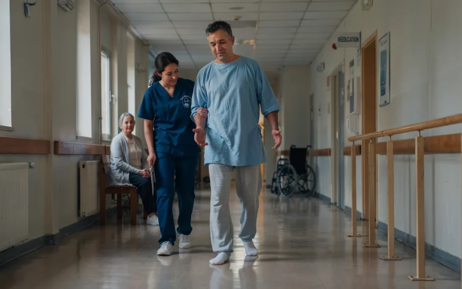 Une patiente est assistée par une professionnel de santé dans un couloir d'établissement médical. Des barres d'appui et des fenêtres bordent le passage propre et éclairé.