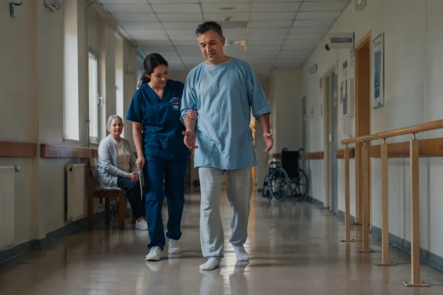 Une patiente est assistée par une professionnel de santé dans un couloir d'établissement médical. Des barres d'appui et des fenêtres bordent le passage propre et éclairé.
