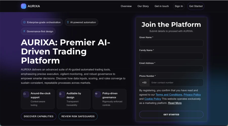 Capture d'écran de la page de registre pour la plateforme de trading automatisée par l'IA nommée AURIXA. L'image montre le formulaire d'inscription situé sur la droite et le titre principal sur la gauche.
