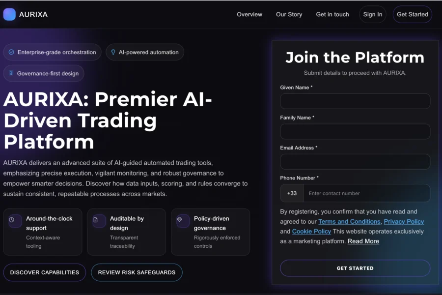Capture d'écran de la page de registre pour la plateforme de trading automatisée par l'IA nommée AURIXA. L'image montre le formulaire d'inscription situé sur la droite et le titre principal sur la gauche.