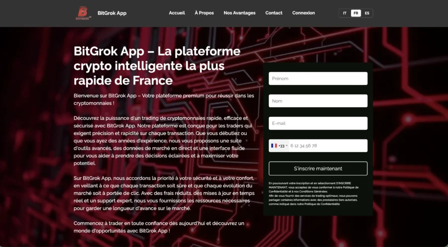 L'interface sombre avec fond de circuit rouge présentant un formulaire d'inscription pour une application de trading crypto.