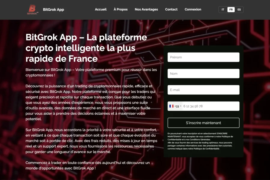L'interface sombre avec fond de circuit rouge présentant un formulaire d'inscription pour une application de trading crypto.