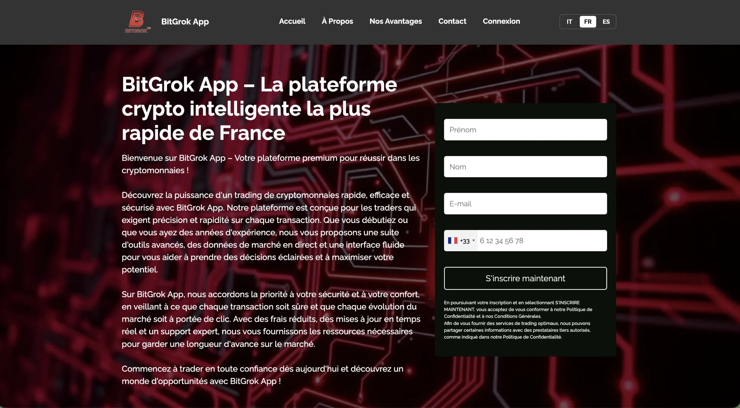 L'interface sombre avec fond de circuit rouge présentant un formulaire d'inscription pour une application de trading crypto.