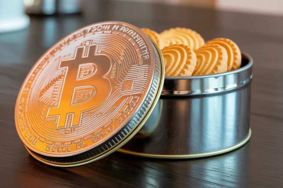 Une boîte métallique ouverte contenant des biscuits, recouverte d'une pièce physique Bitcoin dorée posée sur le couvercle.