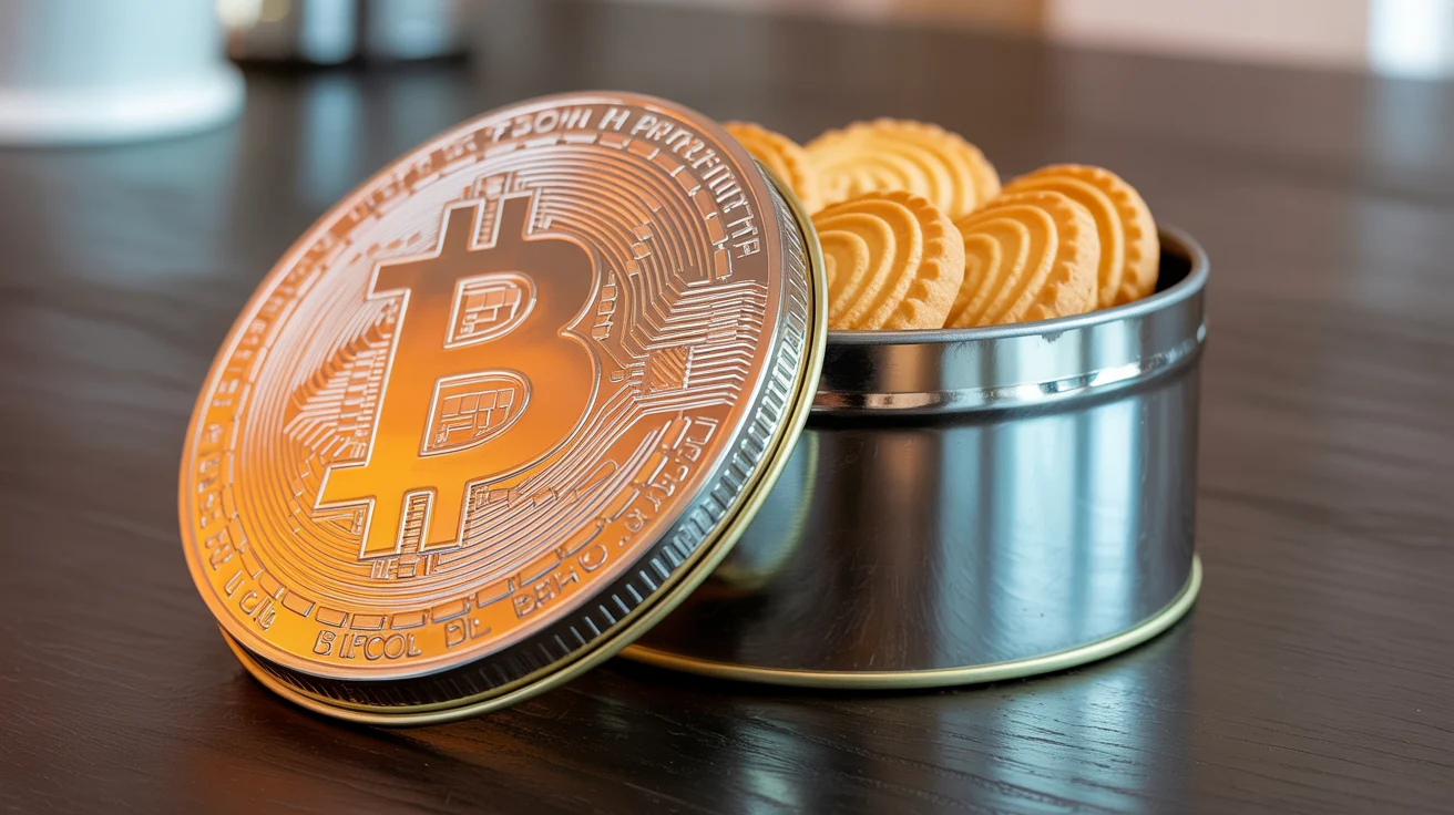 Une boîte métallique ouverte contenant des biscuits, recouverte d'une pièce physique Bitcoin dorée posée sur le couvercle.