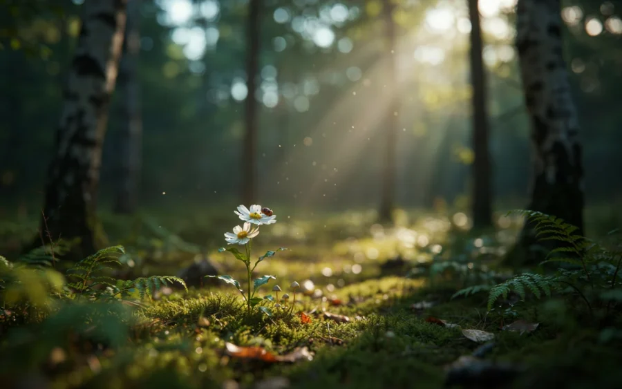 Une petite fleur blanche pousse dans une forêt ombragée, éclairée par des rayons de soleil filtrant à travers les arbres.