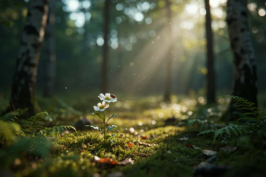 Une petite fleur blanche pousse dans une forêt ombragée, éclairée par des rayons de soleil filtrant à travers les arbres.