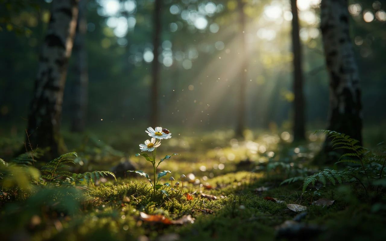 Une petite fleur blanche pousse dans une forêt ombragée, éclairée par des rayons de soleil filtrant à travers les arbres.