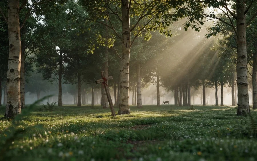 Rayons de soleil traversant les arbres dans une forêt brumeuse et calme.