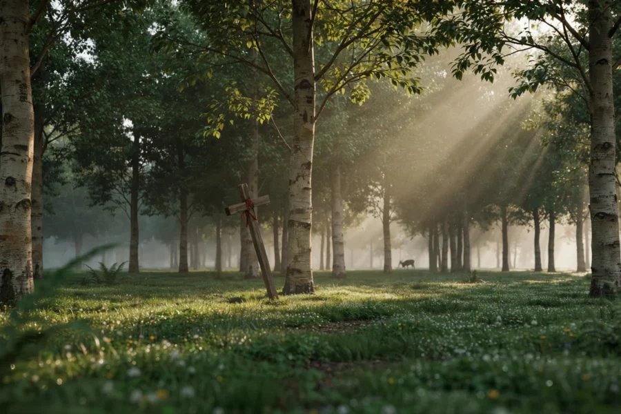 Rayons de soleil traversant les arbres dans une forêt brumeuse et calme.