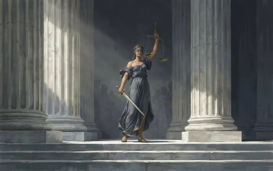 Une statue de la Justice tient son épée et ses balances devant des colonnes classiques.