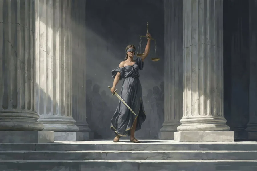Une statue de la Justice tient son épée et ses balances devant des colonnes classiques.