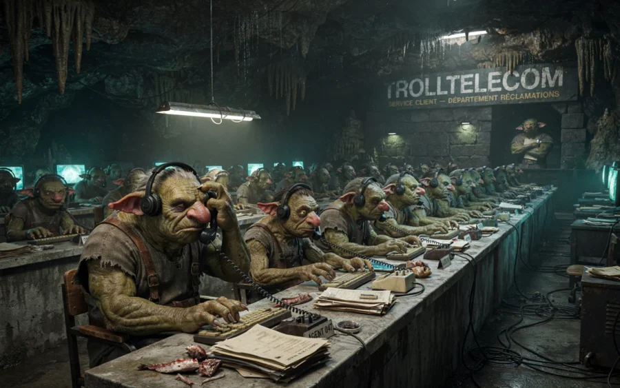 Personnages fantastiques portant des casques audio travaillant sur des lignes de production sous l'enseigne Trolltelecom.