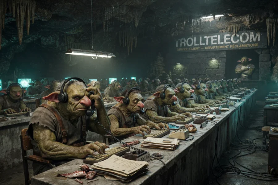 Personnages fantastiques portant des casques audio travaillant sur des lignes de production sous l'enseigne Trolltelecom.