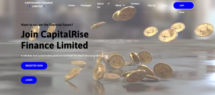 Interface du site CapitalRise Finance Limited avec des pièces d'or en arrière-plan.