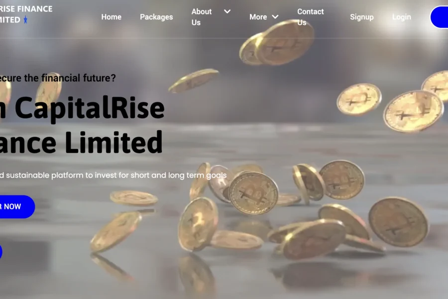 Interface du site CapitalRise Finance Limited avec des pièces d'or en arrière-plan.