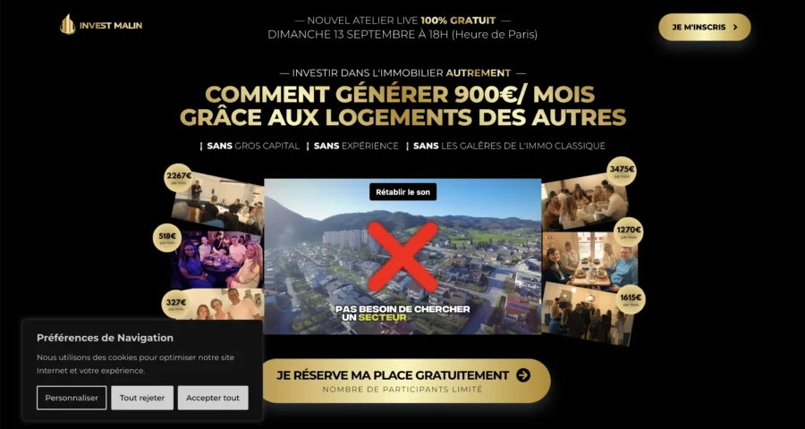 Capture d’écran de la promotion d’un webinaire gratuit par Invest Reale sur la location immobilière.