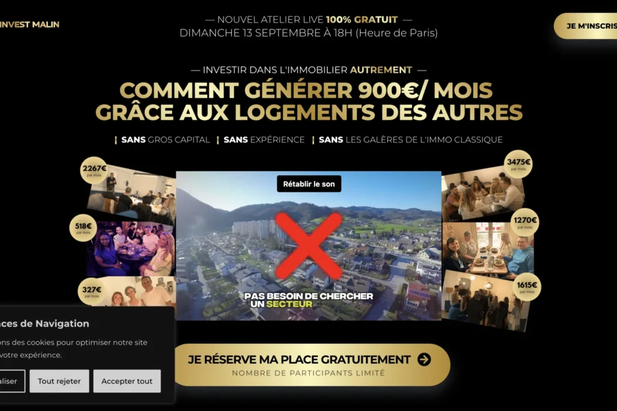 Capture d’écran de la promotion d’un webinaire gratuit par Invest Reale sur la location immobilière.
