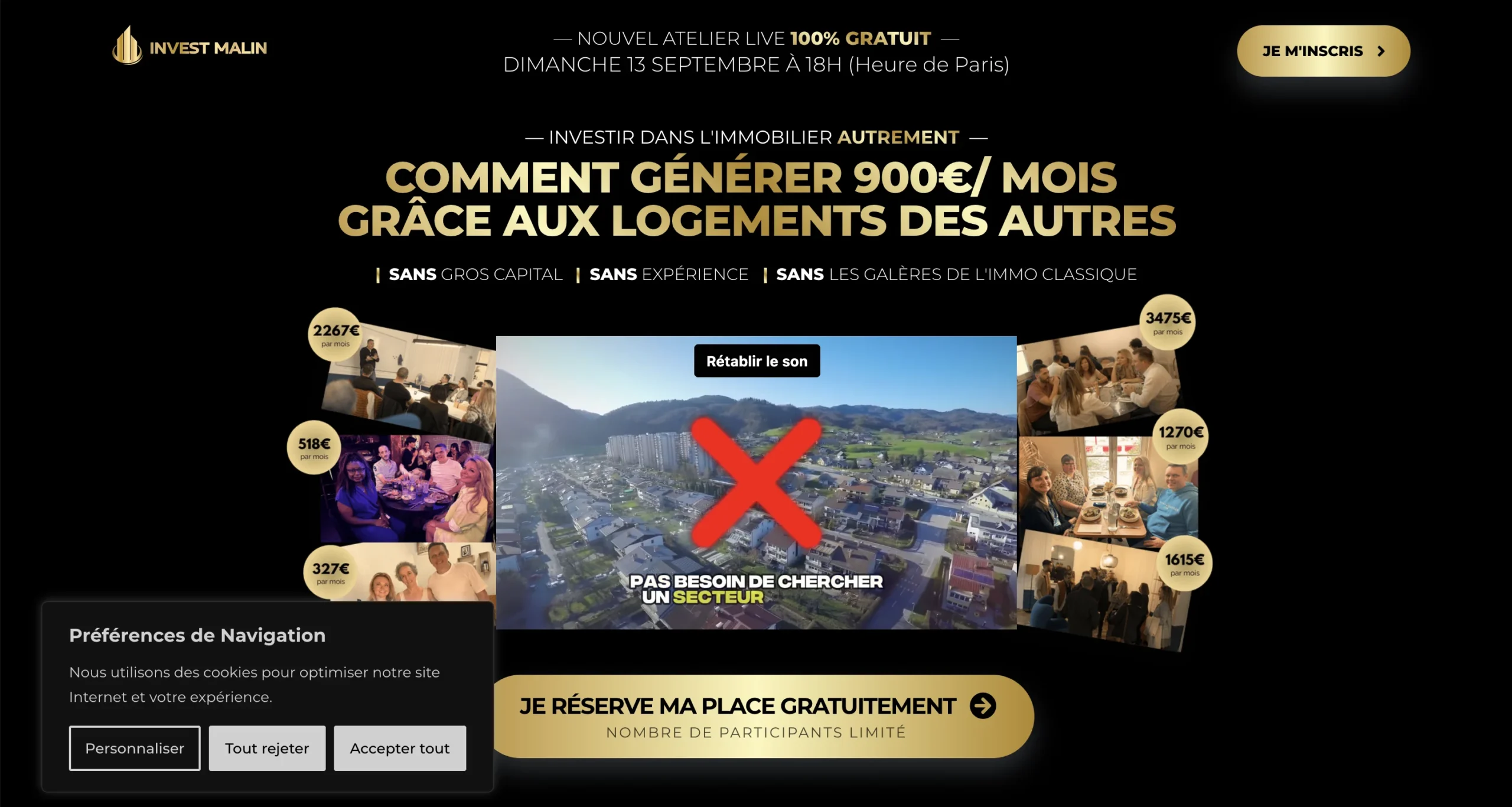 Capture d’écran de la promotion d’un webinaire gratuit par Invest Reale sur la location immobilière.