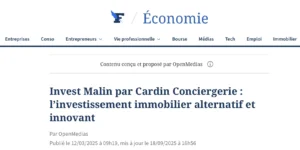 Capture d'un article sur Invest Malin par Cardin Conciergerie présentant l'investissement immobilier alternatif.