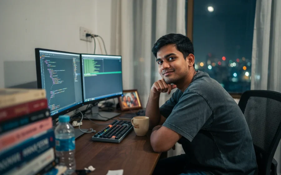 Un homme souriant regarde la caméra depuis son bureau équipé de deux écrans affichant du code, avec des livres et une vue nocturne en arrière-plan.