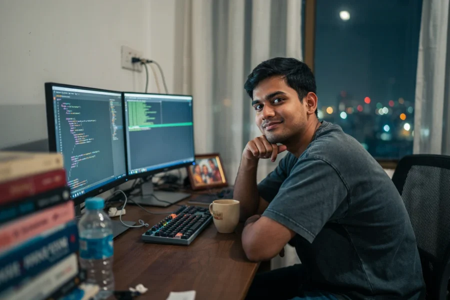 Un homme souriant regarde la caméra depuis son bureau équipé de deux écrans affichant du code, avec des livres et une vue nocturne en arrière-plan.