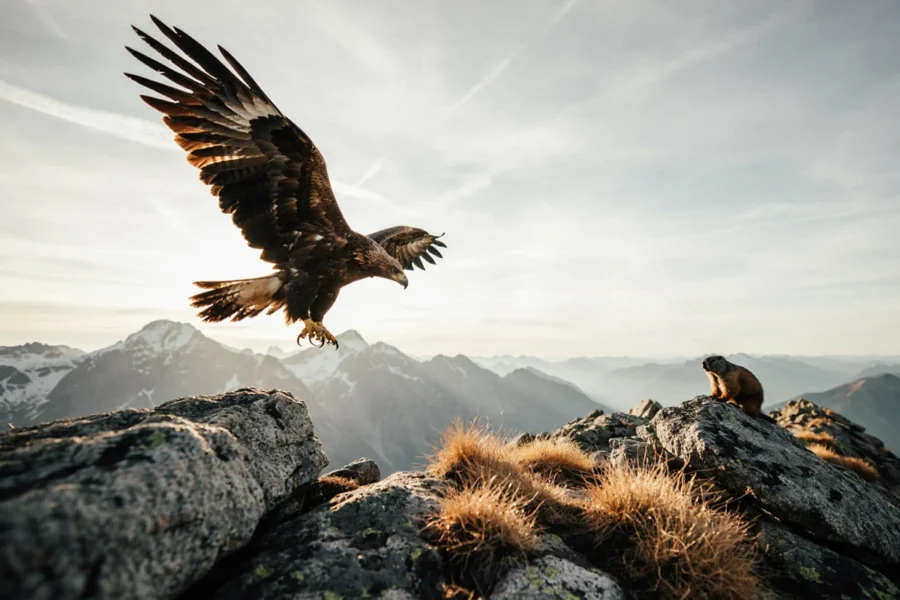 Un aigle aux ailes déployées survolant une crête rocheuse avec des montagne enneigées en arrière-plan.