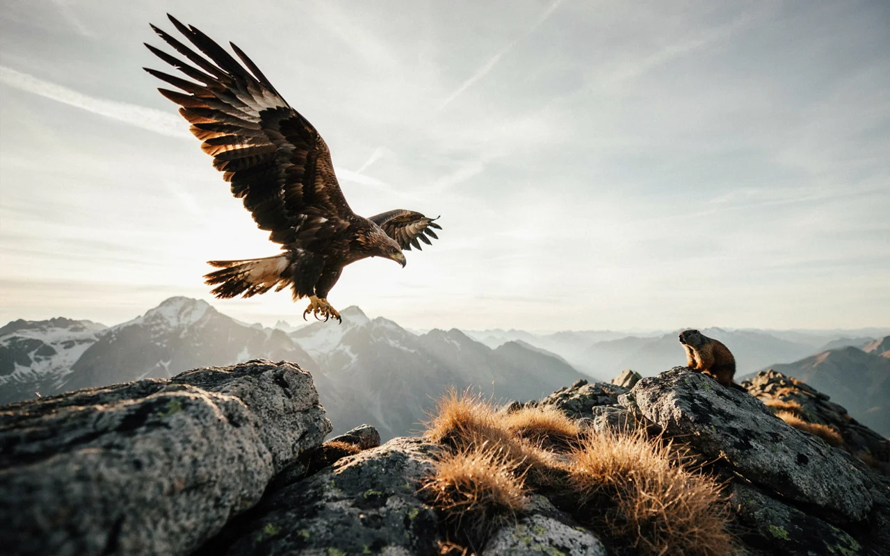 Un aigle aux ailes déployées survolant une crête rocheuse avec des montagne enneigées en arrière-plan.