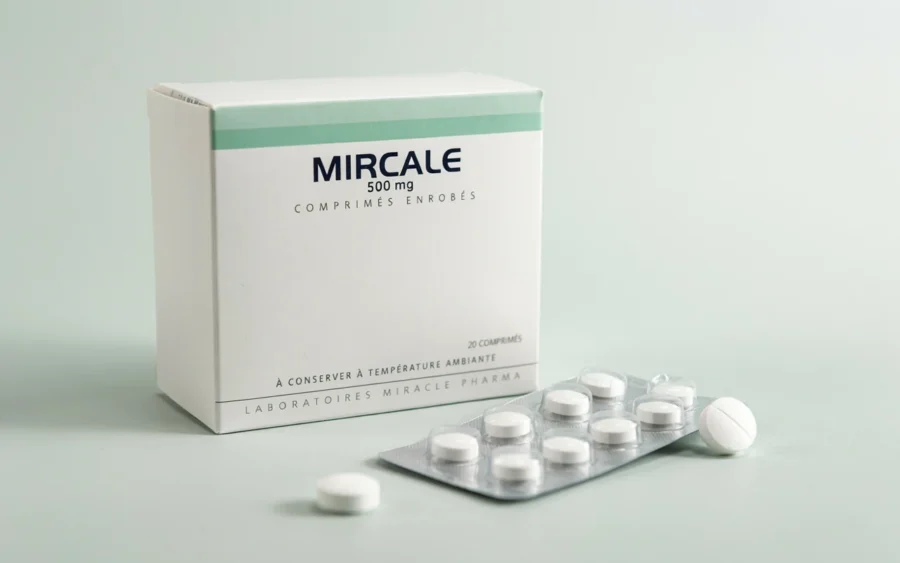 Emballage de Mircale et plaquettes de comprimés blanches sur fond gris clair.