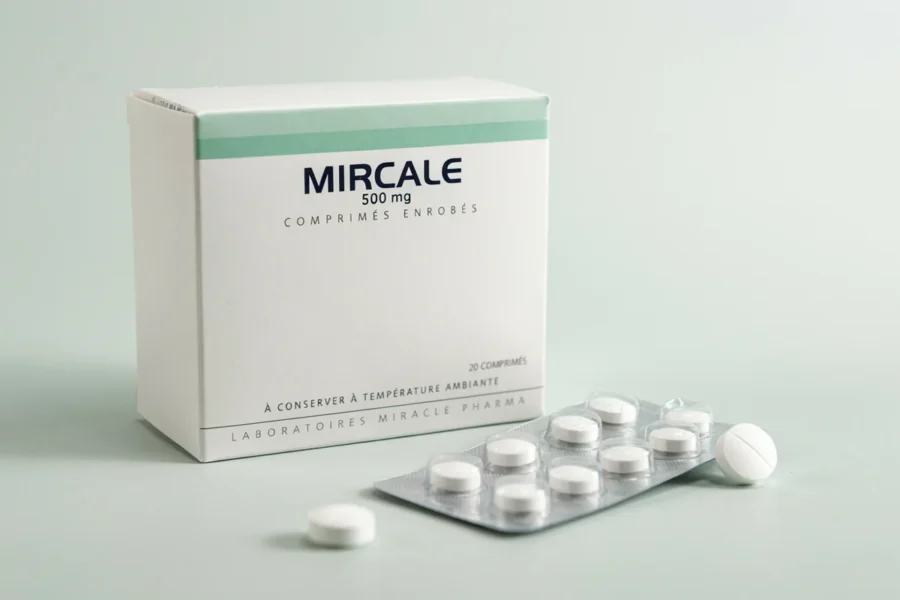 Emballage de Mircale et plaquettes de comprimés blanches sur fond gris clair.