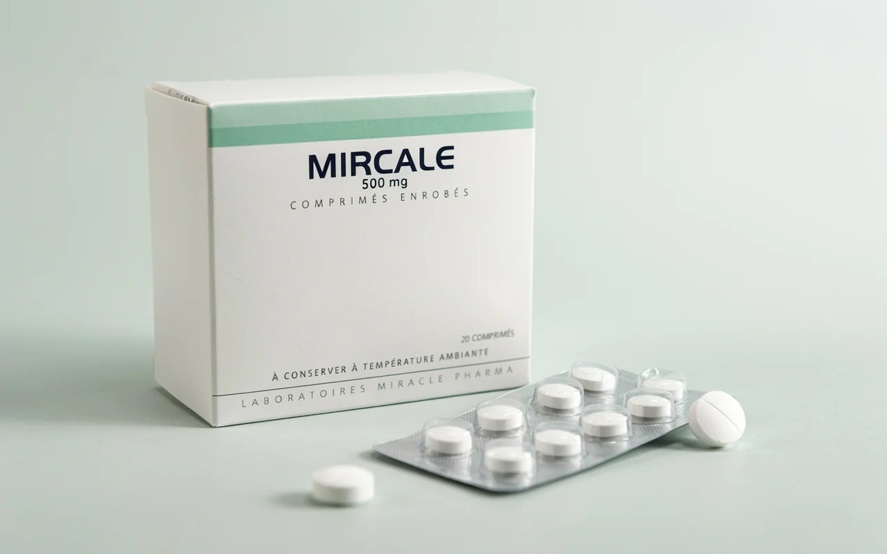 Emballage de Mircale et plaquettes de comprimés blanches sur fond gris clair.