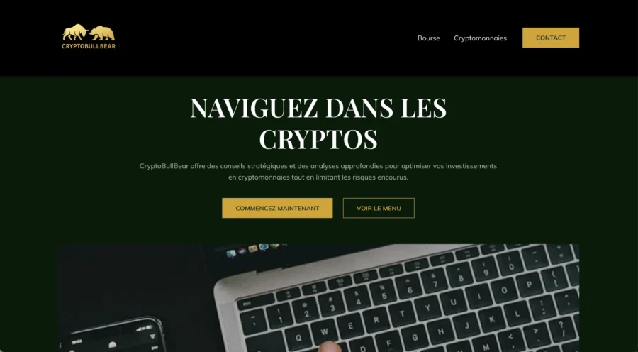 Interface web de Cryptodollar affichant une section sur les cryptomonnaies sur fond vert foncé.