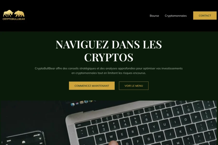 Interface web de Cryptodollar affichant une section sur les cryptomonnaies sur fond vert foncé.