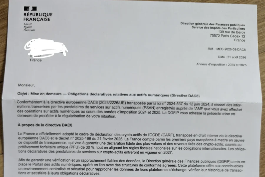 Crypto et impôts : attention à cette fausse mise en demeure DAC8 qui imite la DGFiP